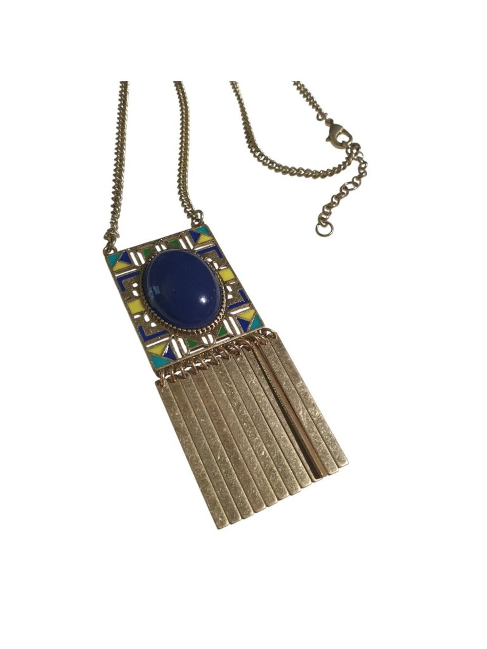 Pendant Necklace Blue Oval Cabochon Egyptian Style Fringe Adjustable Chain Gift